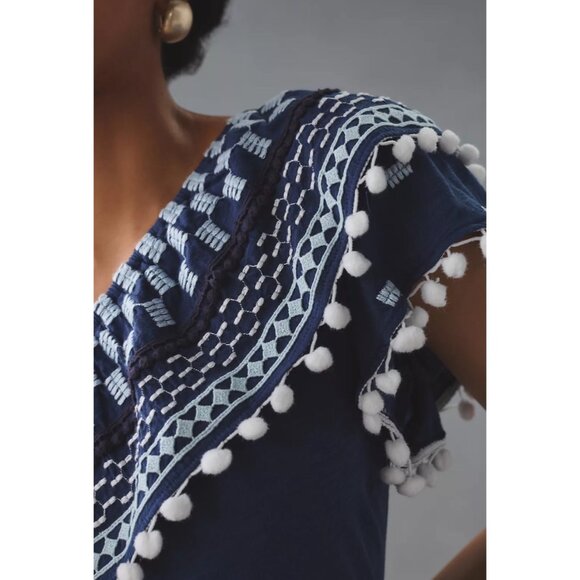 By Anthropologie Pom-Tassel One-Shoulder Top Women's Size Large Blue Cotton NEW - Picture 12 of 12